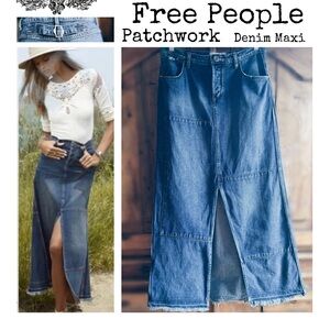 Free People Patchwork Denim Maxi Skirt
